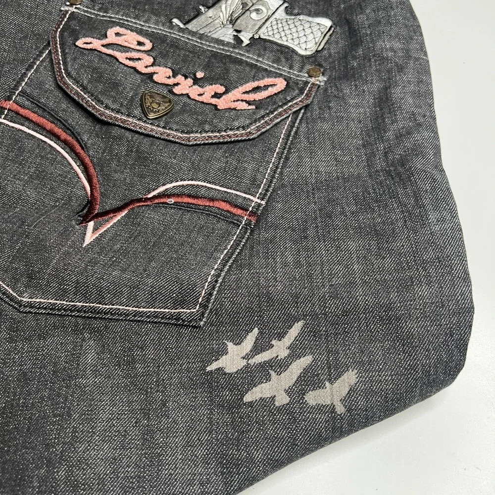 Foreign Lavish Mens 44 Dark Wash Baggy Denim Jeans Gun Embroidery Y2K Streetwear